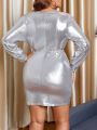 SHEIN BAE Plus Size Asymmetric Wrap Detail Metallic Silver Metal Yarn Dress