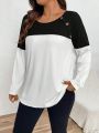 Plus Size Women's Color Block Button Decorated T-shirt