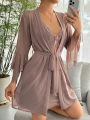 Contrast Lace Flounce Sleeve Bow Front Mesh Robe & Cami Dress PJ Set