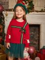 Little Girls' Christmas Pattern Bow Decorated Round Neck Sweater