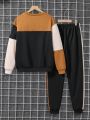 2pcs/set Teenage Boys' Sporty Color Block Round Neck Sweatshirt And Sweatpants Set