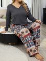 Plus Size Button Detail Solid Color Top And Geometric Printed Pants Pajama Set