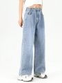 Teen Girls' Vintage & Casual Adjustable Waist Buckle Loose Fit & Comfortable Wide Leg Jeans With Washed Out Light Blue Color