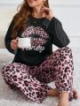 Plus Size Lip & Letter & Leopard Print Pajama Set