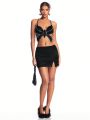 SHEIN BAE Black Butterfly & Rhinestone Chain Trimmed Cross Back Crop Top And Mini Skirt Set, Perfect For Music Festival, Nightclub, Party And Date Night