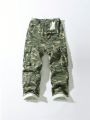 Teenage Boys' Vintage Camouflage Multi-pocket Wide Leg Comfortable Denim Straight Cargo Pants, Street Style