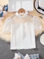 SHEIN Kids CHARMNG Older Girl's Woven And Mesh Lapel Casual Shirt With Bow Decoration