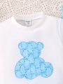 SHEIN Kids EVRYDAY Little Girls' Cartoon Bear Printed Short Sleeve T-Shirt And Shorts Set