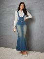 SHEIN Privé Washed Fishtail Strap Denim Dress