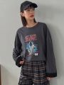 FRIFUL Loose Fit Text Print Round Neck Long Sleeve Casual T-shirt