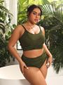 SHEIN Swim Basics Plus Size Solid Color Ribbed Ruched Bikini Set With Hollow Out Design Bra