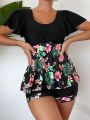 SHEIN Swim Classy Women's Tropical Print Ruffle Short Sleeve Top And Shorts Two Piece Swimsuit Set