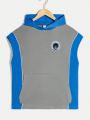 SHEIN Kids HYPEME Boys' Casual Loose Fit Hooded Tank Top & Shorts Set With Portrait Print And Color Block Design