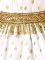 SHEIN Kids Nujoom Little Girls' Gold Foil Print Woven Tape Trim Patchwork Tassel Decoration Dress