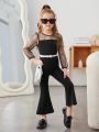 SHEIN Kids FANZEY Little Girls' Knitted Solid Color Patchwork Woven Mesh Puff Sleeve Elegant Jumpsuit