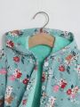 Young Girl Floral Print Fuzzy Lined Hooded Coat