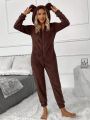 3D Ear Design Hooded Zipper Up Front Teddy Hooded Jumpsuit