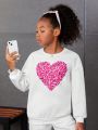 SHEIN Kids Cooltwn Tween Girl Heart Print Drop Shoulder Pullover