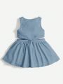 SHEIN Baby Girls' Casual Round Neck Hollow Out Waist Long Dress