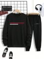 Men's Plus Size Letter Printed Sweatshirt And Slanted Pocket Sweatpants Set