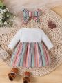 Baby Girls' Striped Patchwork Dress With Bow Decoration