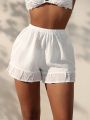 SHEIN Swim BohoFeel Women'S Elastic Waist Cover Up Shorts With Embroidered Mesh Hem