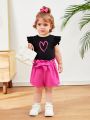 SHEIN Baby Girls' Lovely Flutter Sleeve Heart Pattern Top With Belted Shorts Set