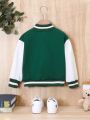 Young Girl Slogan Graphic Bear Decor Striped Trim Varsity Jacket