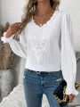 SHEIN Frenchy Solid Color Lace Patchwork Ruffle Sleeve Blouse