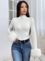 SHEIN PETITE Women's Solid Color High Neck Plush Cuffs Bodysuit