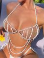 SHEIN Swim SXY Women's Pearl Beaded Chain Halter Chiffon Cover Up Top