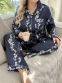 Plus Size Women's Floral Printed Long Sleeve Long Pants Homewear Set