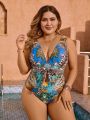 SHEIN Swim Classy Plus Size Peacock Print V-neck One-piece Swimsuit