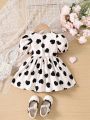 Infant Girls' Elegant Square Neckline Puff Sleeve Princess Dress With Heart Print For Summer