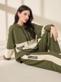 SHEIN Mulvari Women's Colorblock Letter Print Drawstring Hoodie And Pants Set