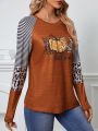 Striped & Pumpkin Print Raglan Sleeve Tee