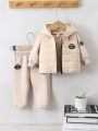 Baby Boys' Letter Patch Fleece Lined Hoodie, Padded Vest And Coat 3pcs Outfit