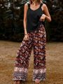 SHEIN VCAY Women'S Solid Color Camisole Top With Flower Print Pants 2pcs/Set