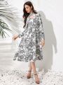 SHEIN Privé Flower Print Hollow Out Stand Collar Long Sleeve Dress