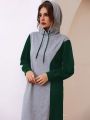 Women's Color Block Long Sleeve Hooded Sweatshirt Dress With Drawstring