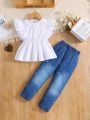 SHEIN Kids EVRYDAY Toddler Girls' Casual Ladylike Waffle Weave Doll Collar Top And Denim-Look Printed Pants Set For Spring And Summer