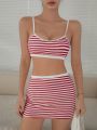 DAZY Ribbed Knit Striped Bikini Swimwear Set + Swim Skirt