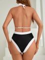 SHEIN Swim Chicsea Contrast Edge Halter Neck Backless One Piece Swimsuit