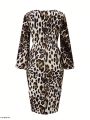 Plus Size Women's Leopard Print Bell Sleeve Dress