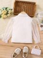 SHEIN Kids CHARMNG Little Girl'S White Lapel Mesh Patchwork Long-Sleeved Shirt