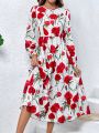 Women's Polka Dot & Rose Pattern Printed Dress