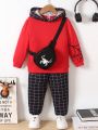 SHEIN 3pcs/Set Little Boys' Casual Spider Print Hooded Sweatshirt, Printed Pants And Shoulder Bag Set, For Street Skating In Spring And Autumn