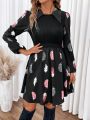 SHEIN Frenchy Feather Print Lantern Sleeve Dress