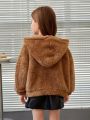 SHEIN Young Girl Bear Patched Drop Shoulder Zipper Teddy Jacket