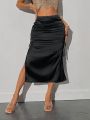 SHEIN ICON Ladies' Solid Black Pleated Design Long Skirt